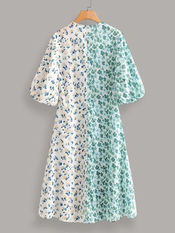 CM-DS213323 Women Casual Seoul Style Half Sleeve V-Neck Two Tone Ditsy Floral Dress