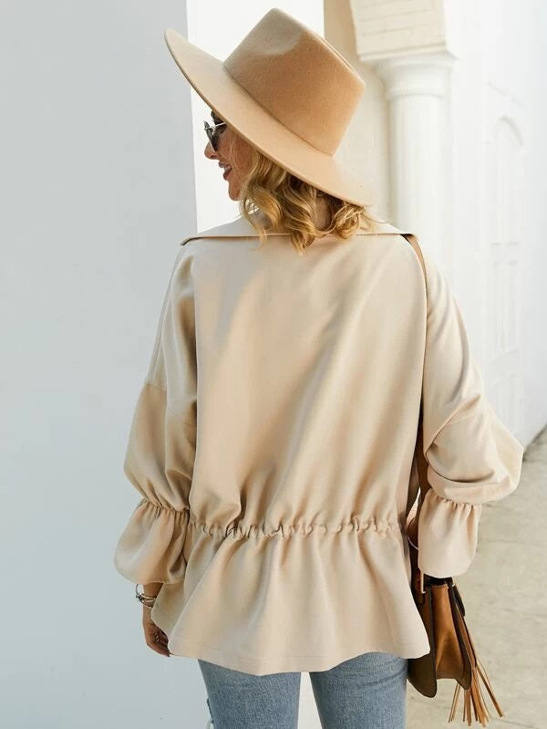 CM-CS213091 Women Casual Seoul Style Waterfall Flounce Sleeve Drawstring Coat - Beige