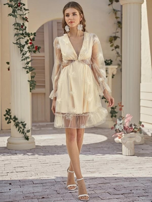 CM-DS202777 Women Elegant Seoul Style Plunging Neck Lace Up Back Embroidery Mesh Dress - Beige