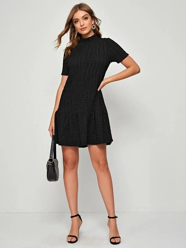 CM-DS214437 Women Elegant Seoul Style Solid Textured Mock Neck Babydoll Dress - Black