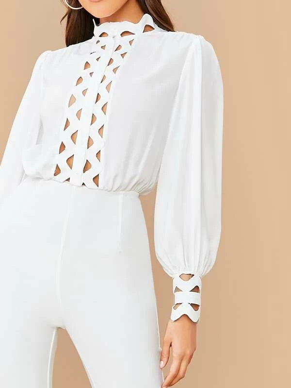 CM-JS106075 Women Elegant Seoul Style Mock Neck Lantern Sleeve Laser Cut Blouson Jumpsuit - White