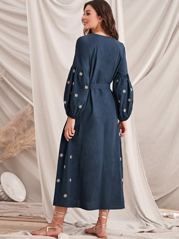 CM-DS204075 Women Elegant Seoul Style Raglan Sleeve Self Belted Floral Embroidery Dress - Navy Blue