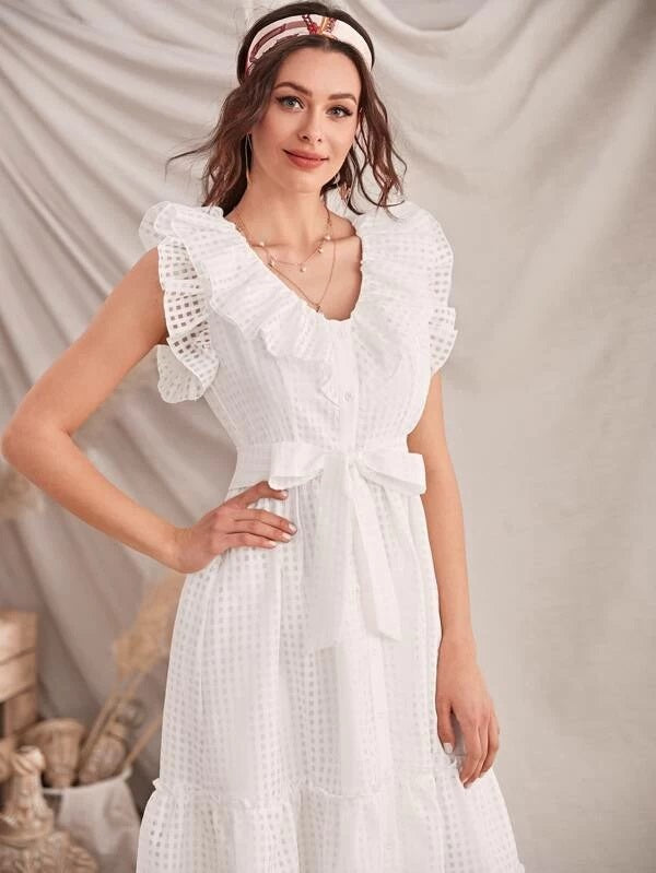 CM-DS203811 Women Elegant Seoul Style Sleeveless Button Front Ruffle Trim Plaid Belted Dress - White