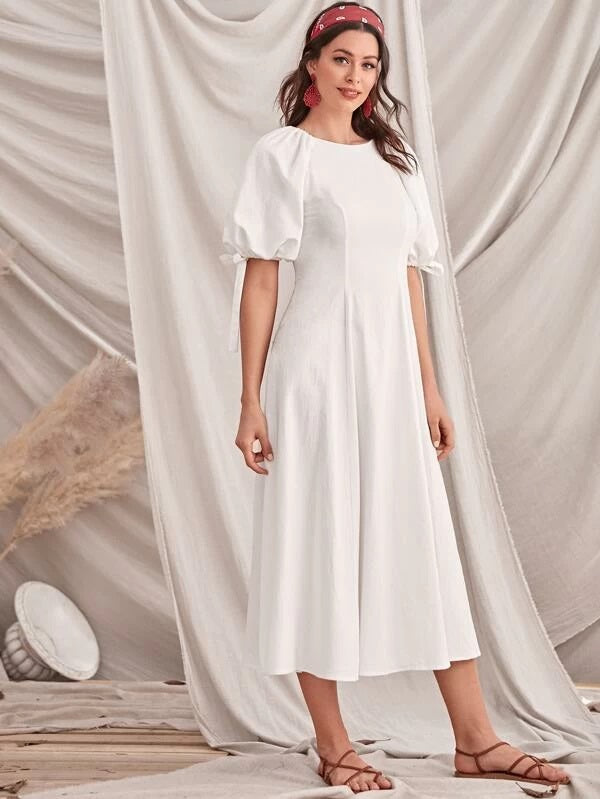 CM-DS202017 Women Casual Seoul Style Contrast Lace Up Back Knot Cuff Puff Sleeve Dress - White