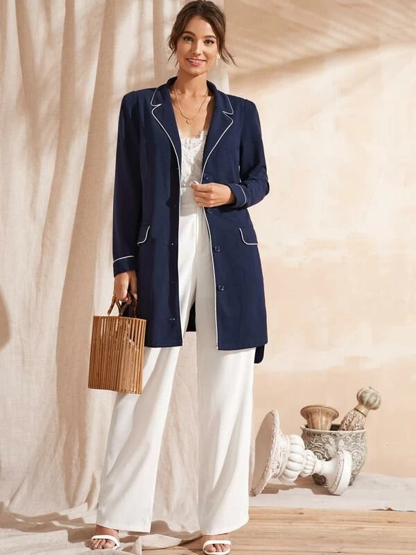 CM-CS209940 Women Elegant Seoul Style Notched Collar Contrast Binding Belted Coat - Navy Blue