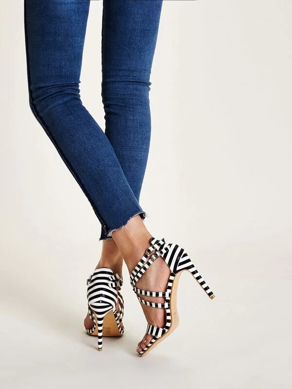 CM-SHS217108 Women Elegant Seoul Style Striped Pattern Open Toe Stiletto Heels