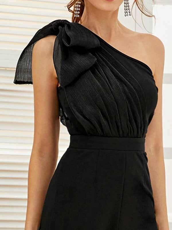 CM-JS123568 Women Elegant Seoul Style Big Bow One Shoulder Solid Jumpsuit - Black