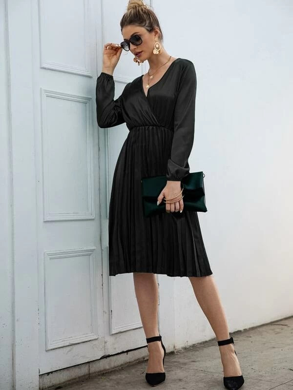 CM-DS211478 Women Elegant Seoul Style Long Sleeve Solid Surplice Pleated Hem Satin Dress - Black