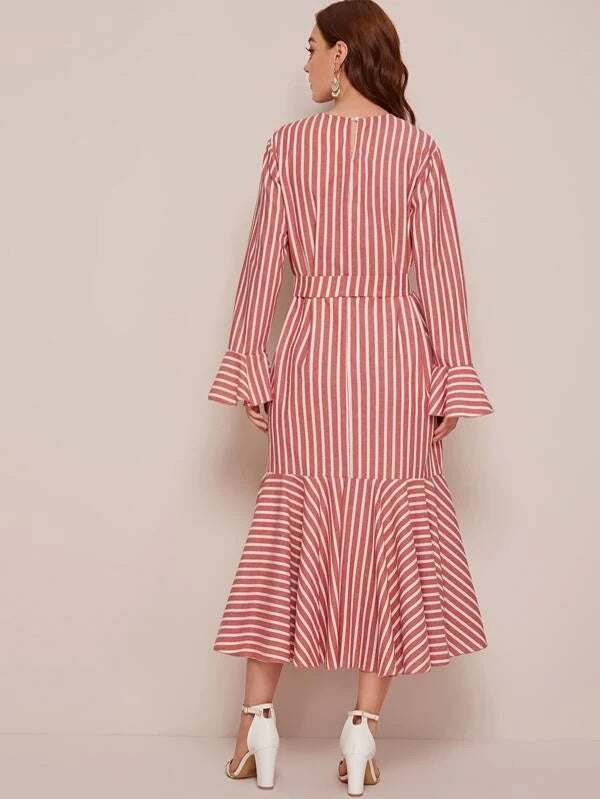 CM-DS211043 Women Casual Seoul Style Keyhole Back Flounce Sleeve Belted Striped Dress - Red