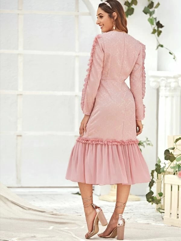 CM-DS219024 Women Elegant Seoul Style Long Sleeve V-Neck Frill Trim Ruffle Hem Dress - Pink