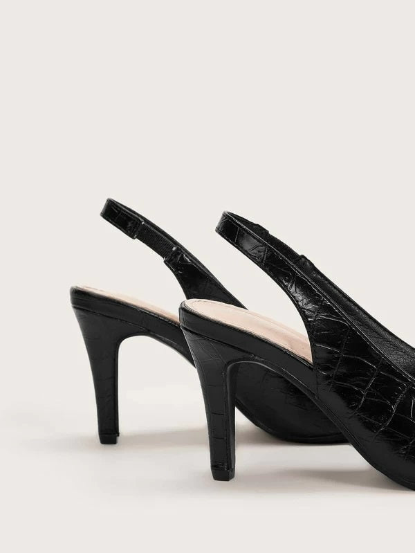 CM-SHS219565 Women Elegant Seoul Style Croc Embossed Point Toe Slingback Stiletto Heels