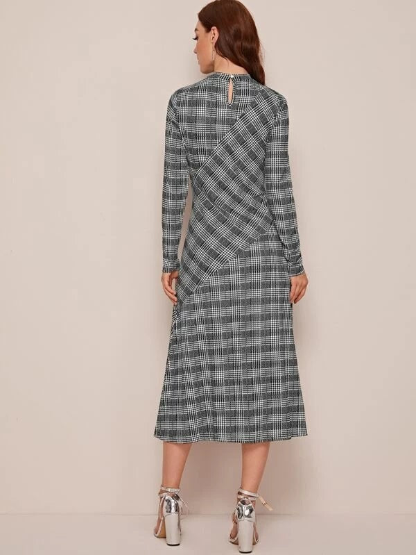 CM-DS127217 Women Casual Seoul Style Long Sleeve Mock-Neck Spliced Plaid Dress - Black