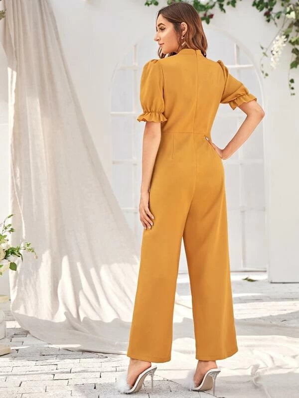 CM-JS219971 Women Elegant Seoul Style Half Sleeve Cutout Front Tie Neck Jumpsuit - Yellow