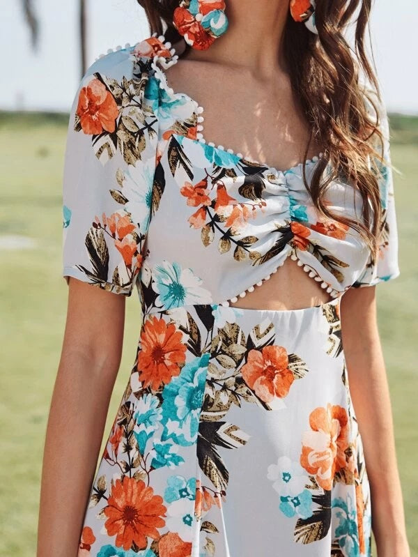 CM-DS126160 Women Bohemian Style Short Sleeve Dot Lace Trim Ruched Front Peekaboo Dress