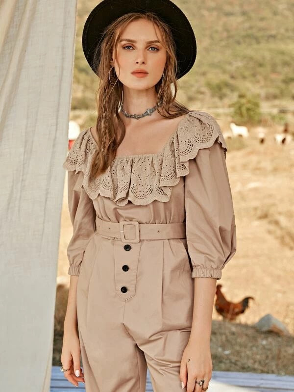 CM-JS202585 Women Bohemian Style Schiffy Detail Ruffle Neck Buckle Belted Jumpsuit - Khaki