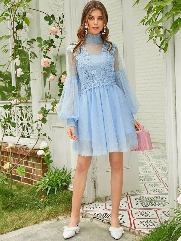 CM-DS118657 Women Elegant Seoul Style Shirred Neck Guipure Lace Trim Dobby Mesh Dress With Camisole