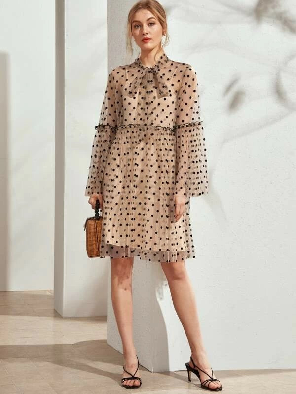 CM-DS221990 Women Casual Seoul Style Tie Neck Polka Dot Sheer Dress With Cami Dress - Brown