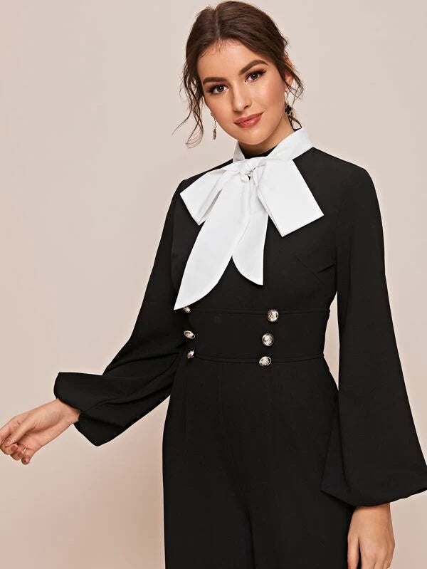 CM-JS216134 Women Elegant Seoul Style Contrast Tie Beck Lantern Sleeve Palazzo Jumpsuit - Black