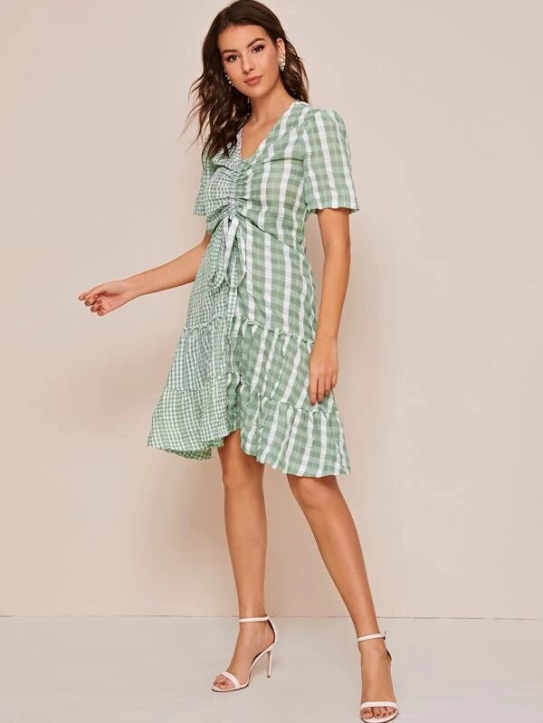 CM-DS223846 Women Casual Seoul Style Plaid Ruched Drawstring Frill Trim A-Line Dress - Green