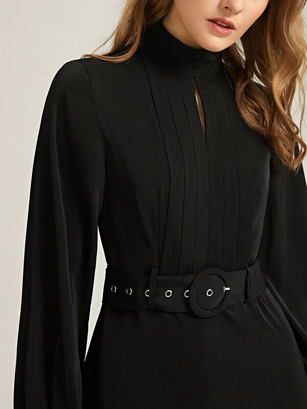 CM-JS211912 Women Elegant Seoul Style Long Sleeve Pleated Front Belted Wide Leg Jumpsuit - Black