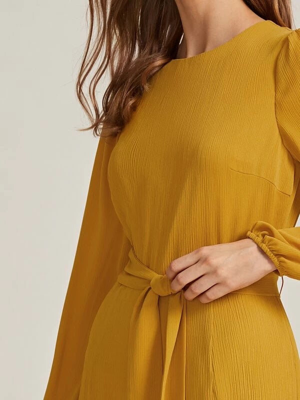 CM-JS121718 Women Elegant Seoul Style Lantern Sleeve Self Belted Wide Leg Jumpsuit - Yellow