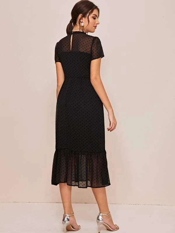 CM-DS224208 Women Elegant Seoul Style Short Sleeve Swiss Dot Ruffle Hem Dress - Black