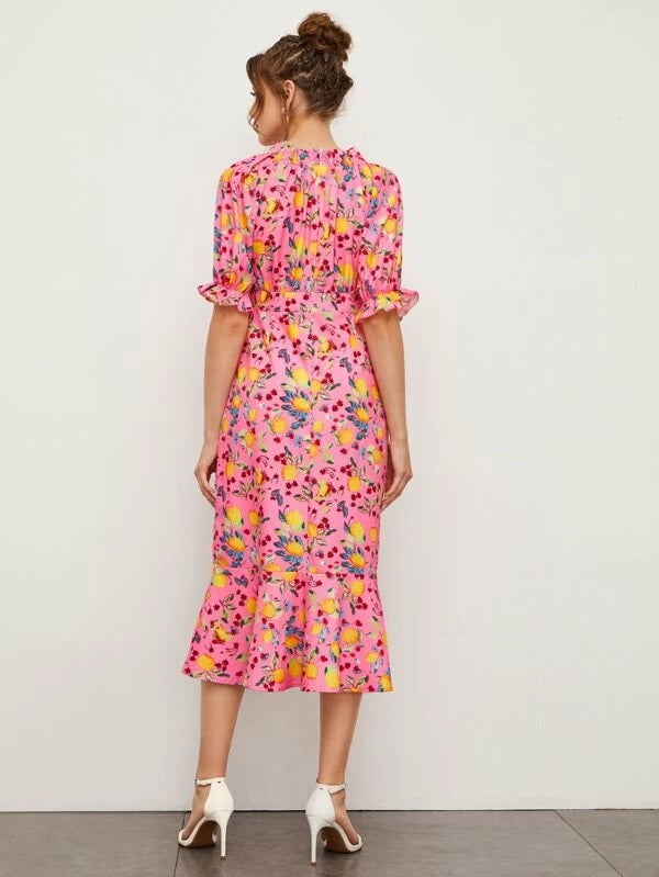 CM-DS224499 Women Bohemian Style Half Sleeve Fruit Print Self Tie Split Thigh Dress - Pink