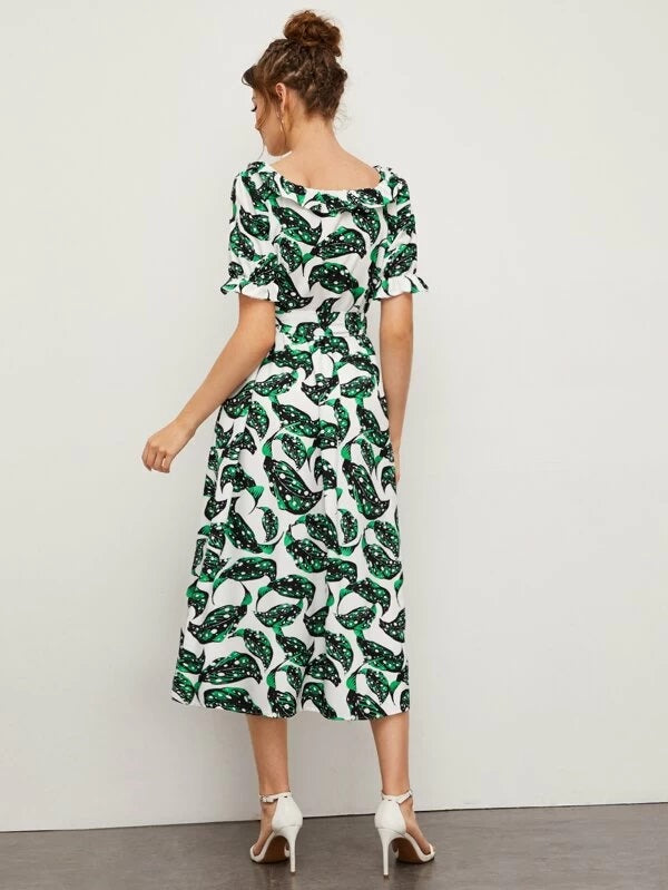 CM-DS224667 Women Casual Seoul Style Short Sleeve Square Neck Tropical Print Dress