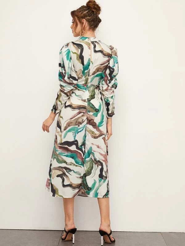CM-DS224862 Women Elegant European Style Long Sleeve Stand Collar Split Thigh A-Line Dress