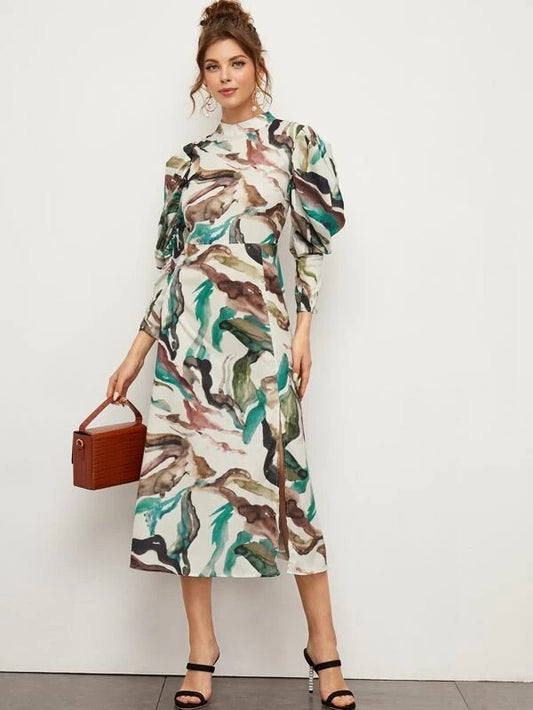 CM-DS224862 Women Elegant European Style Long Sleeve Stand Collar Split Thigh A-Line Dress