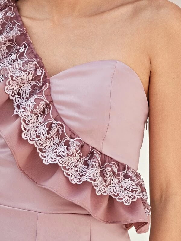 CM-JS224460 Women Elegant Seoul Style Asymmetrical Neck Ruffle Trim Satin Jumpsuit - Pink