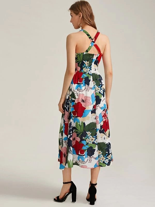 CM-DS225815 Women Bohemian Style Spaghetti Strap Floral Print Criss Cross Cami Dress