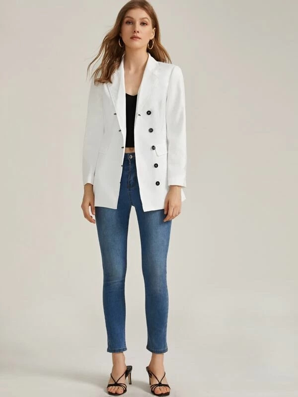 CM-CS225353 Women Elegant Seoul Style Solid Single-Breasted Ticket Pocket Blazer - White