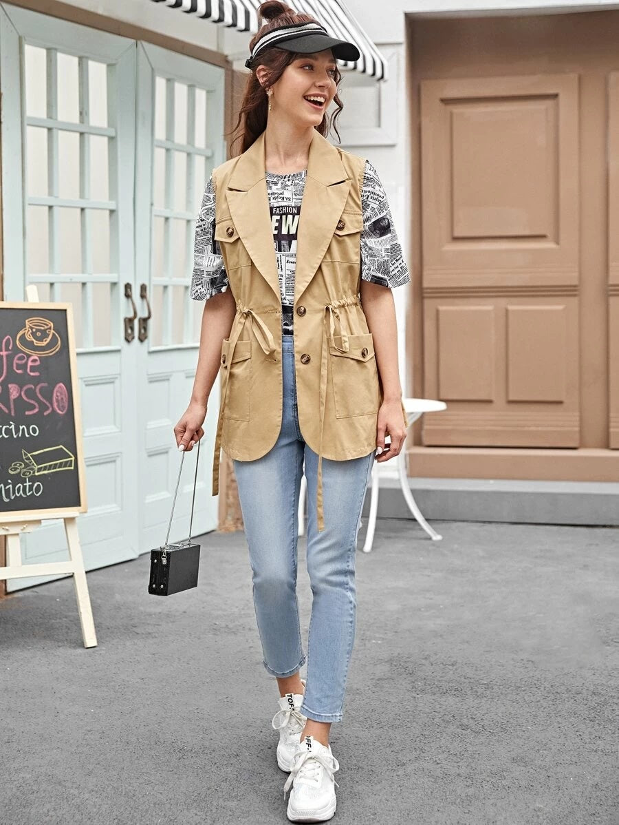 CM-CS130720 Women Casual Seoul Style Notched Collar Drawstring Waist Patch Pocket Vest - Khaki