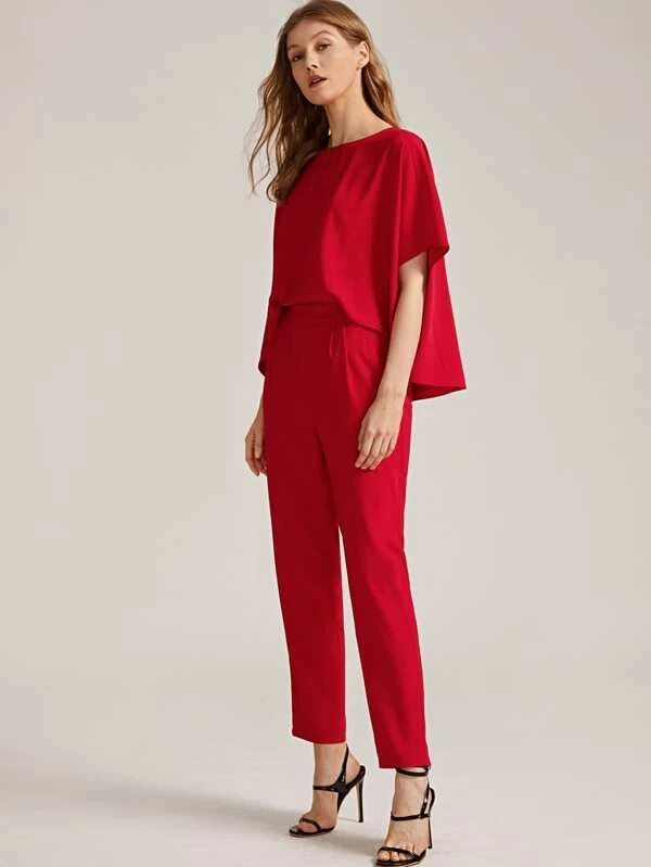 CM-JS127003 Women Elegant Seoul Style V-Back Slant Pocket Fold Pleated Detail Layered Jumpsuit