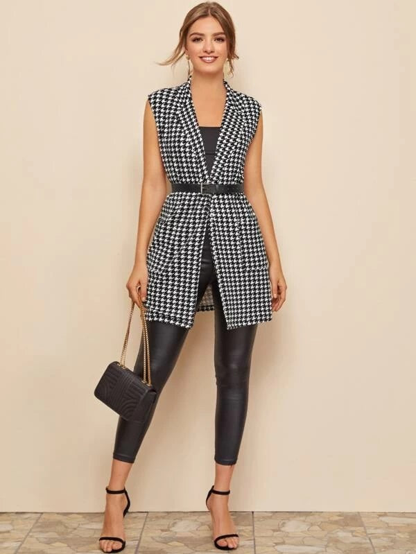 CM-CS113460 Women Casual Seoul Style Sleeveless Notched Collar Houndstooth Vest - Black