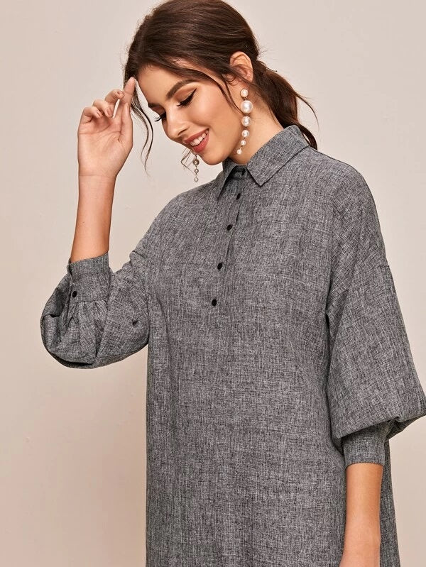 CM-DS219016 Women Casual Seoul Style Lantern Sleeve Linen Look Maxi Shirt Dress - Gray