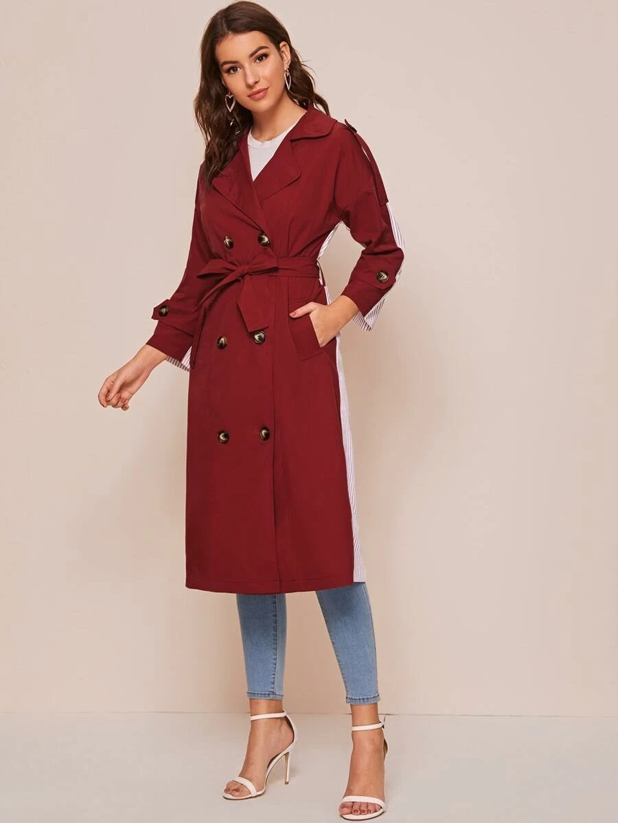 CM-CS227113 Women Elegant Seoul Style Long Sleeve Double Breasted Striped Button Front Trench Coat