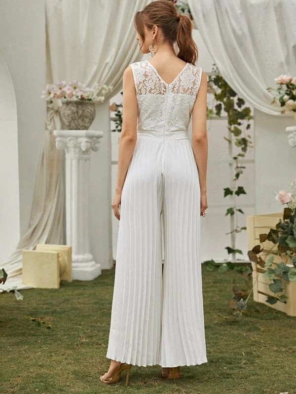 CM-JS227713 Women Elegant Seoul Style Sleeveless Contrast Lace Pleated Wide Leg Jumpsuit - White