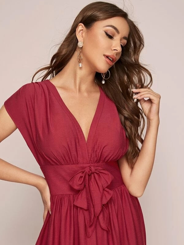 CM-DS226823 Women Casual Seoul Style Batwing Sleeve Tie Waist Solid A-Line Dress - Red