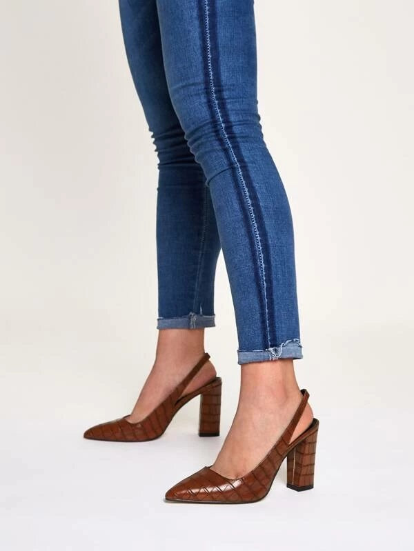CM-SHS230854 Women Casual Seoul Style Croc Embossed Point Toe Chunky Heels - Brown