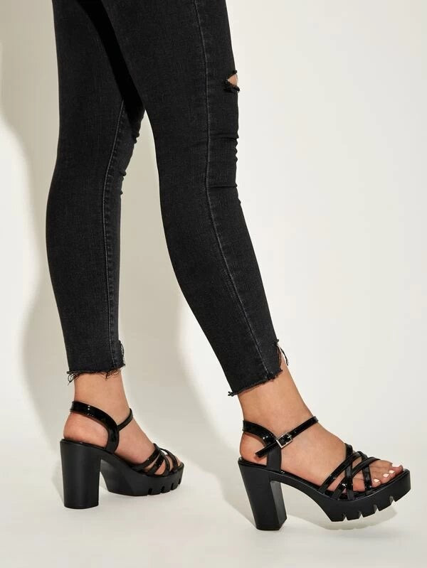 CM-SHS230985 Women Casual Seoul Style Open Toe Ankle Strap Chunky Heels - Black