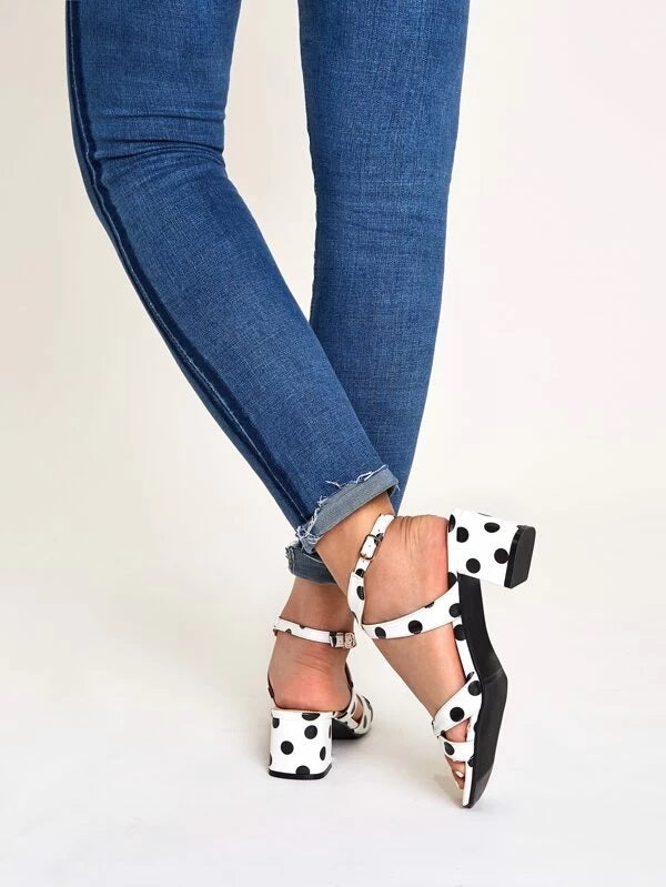 CM-SHS230177 Women Trendy Seoul Style Open Toe Polka Dot Ankle Strap Chunky Heels