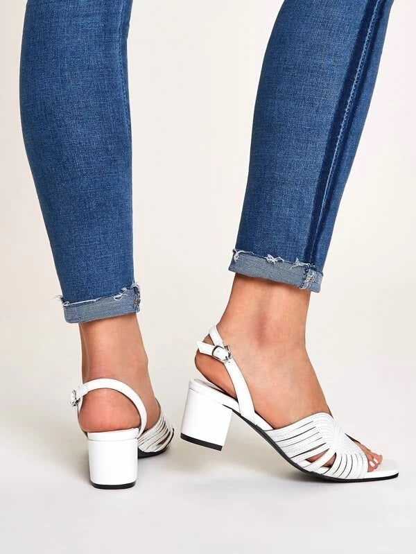CM-SHS230220 Women Casual Seoul Style Open Toe Cut Out Slingback Chunky Heels - White