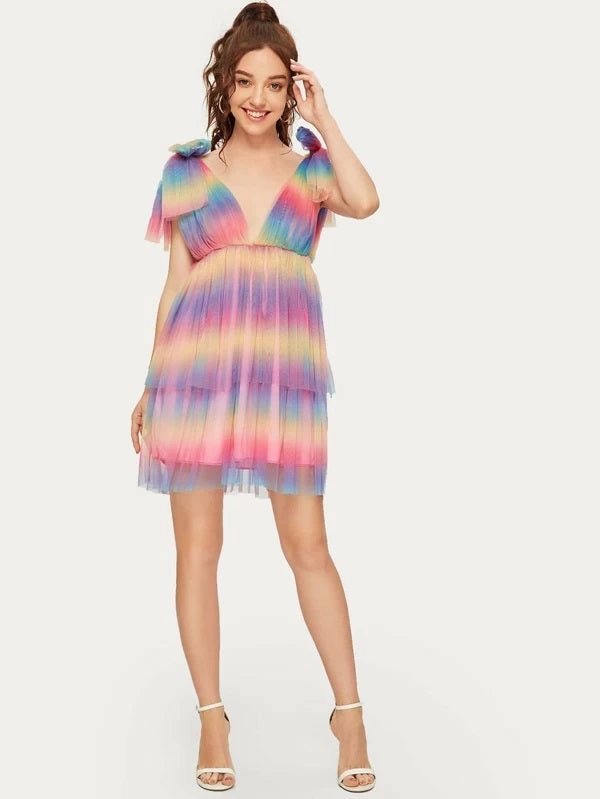 CM-DS225895 Women Elegant Seoul Style Deep-V-Neck Tiered Layer Mesh A-Line Dress