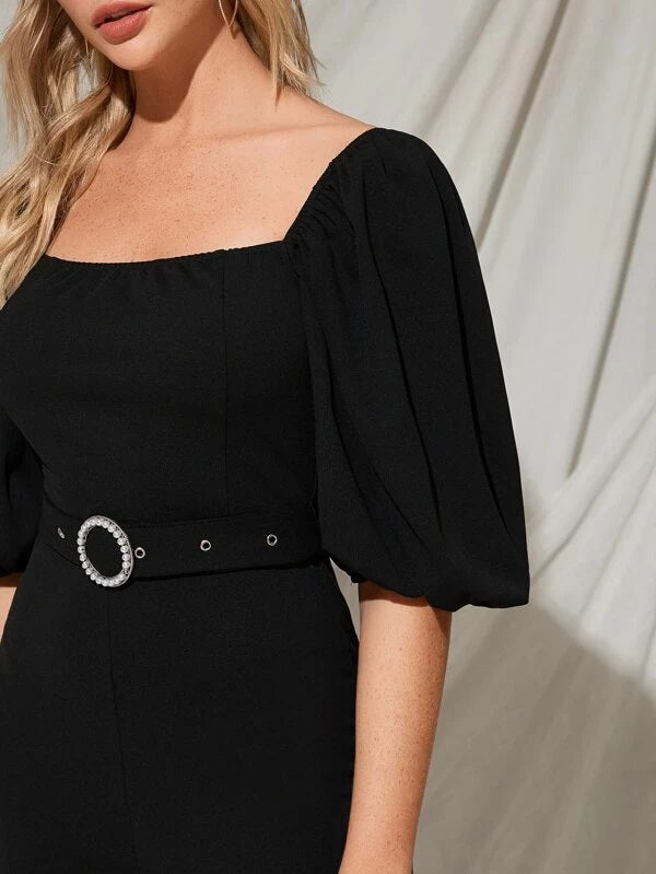 CM-JS217942 Women Elegant Seoul Style Square Neck Puff Sleeve Belted Jumpsuit - Black