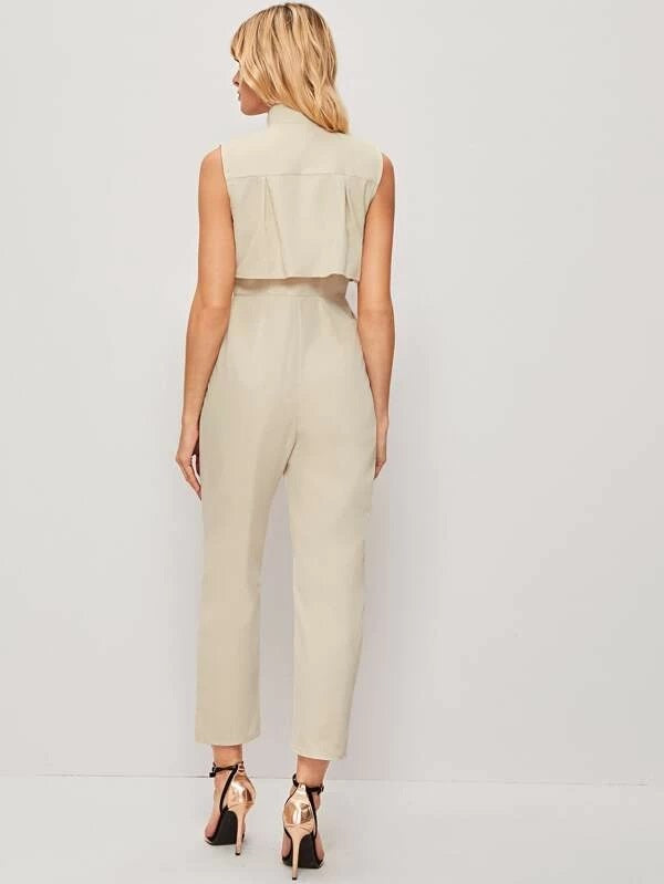 CM-JS230302 Women Trendy Seoul Style Sleeveless Pocket Side O-Ring Zip Front Jumpsuit - Beige
