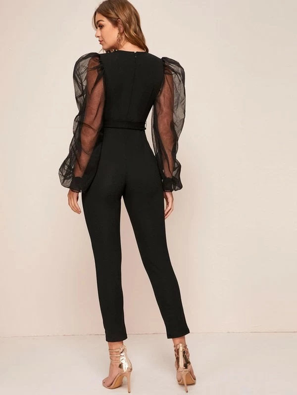 CM-JS209954 Women Elegant Seoul Style V-Neck Lantern Mesh Sleeve Belted Jumpsuit - Black