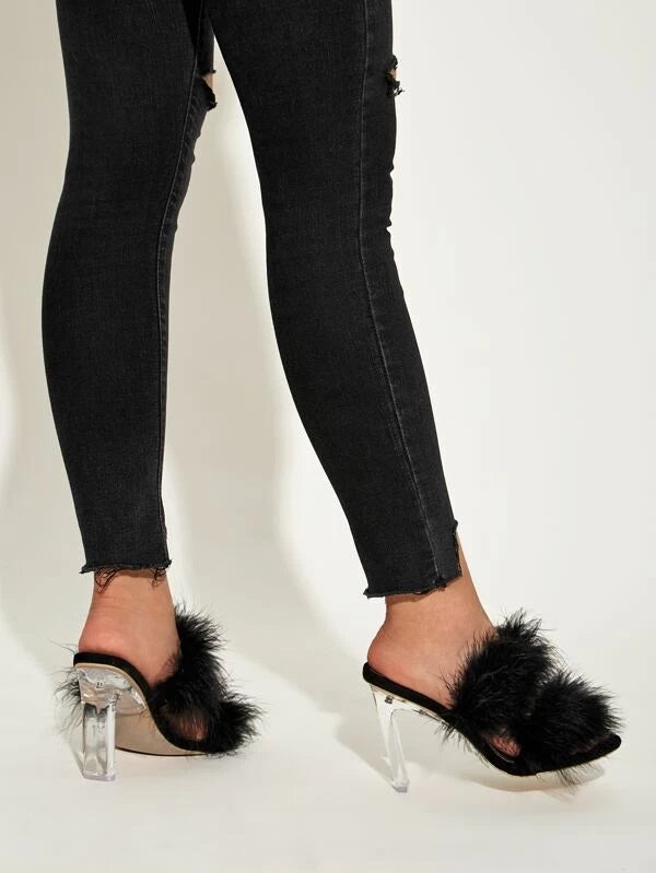 CM-SHS230619 Women Elegant Seoul Style Faux Fur Decor Open Toe Chunky Heeled Mules