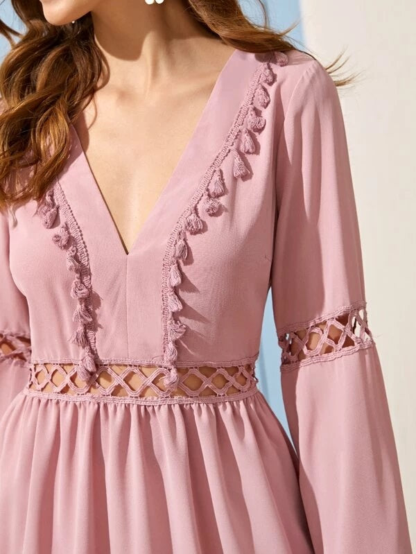 CM-DS204821 Women Casual Seoul Style Guipure Lace Insert Tassel Detail Bell Sleeve Dress - Pink